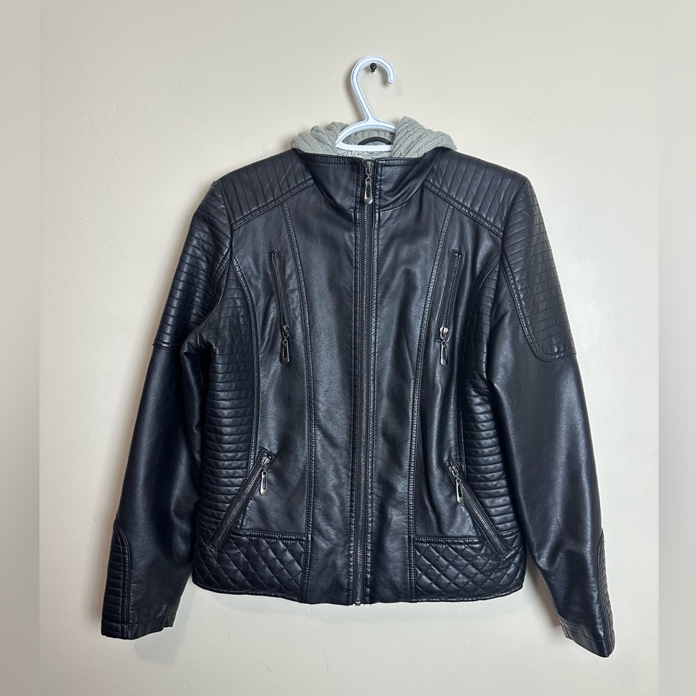 YMI Size L Black Faux Leather Jacket with Gray Accents